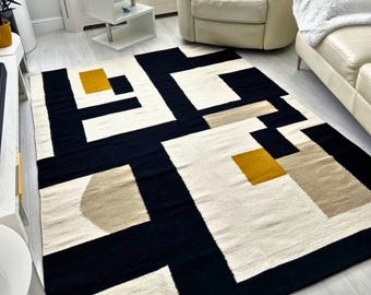 Alfombra de lana moderna, hecha 100 % de lana de oveja, minimalista, en blanco, marfil y negro, de lujo, para sala de estar o dormitorio.