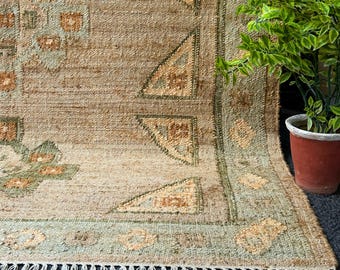 Muted Kilim Rug: Handwoven Neutral Jute Area Rug - Rustic Farmhouse Cottagecore Decor - Large Carpet