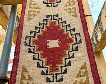 Woven Kilim Runner: Moroccan Vintage Red/Beige Stairway & Hallways Runner - Geometric Traditional Aztec Rug