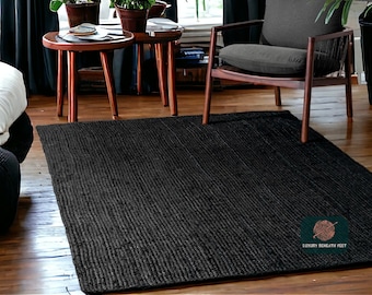 Black Jute Rug, Premium Black Area Rug, Handwoven Natural Fiber Black Rug, Contemporary Rug, Indian Handmade black Jute Rug, Large Area Rug