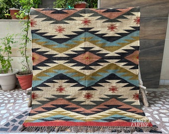 Handwoven Multicolor Navajo Kilim Rug | Stripes & Motifs Wool Jute Area Rug | Flatweave Southwestern Home Decor Rug | Moroccan Vintage Decor
