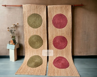 Jute Runner Rug with Moon Pattern, Olive Green &  Red Runner, Stairway Runner, Hall Runner Rug, Hand loomed Runner Rug, Hemp Jute Runner Rug