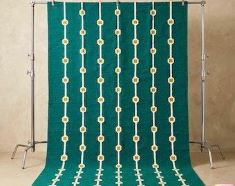 Handwoven Teal Wool Rug: Peacock Blue Stripes, Boho Mustard Geometric Area Rug, Custom Sizes