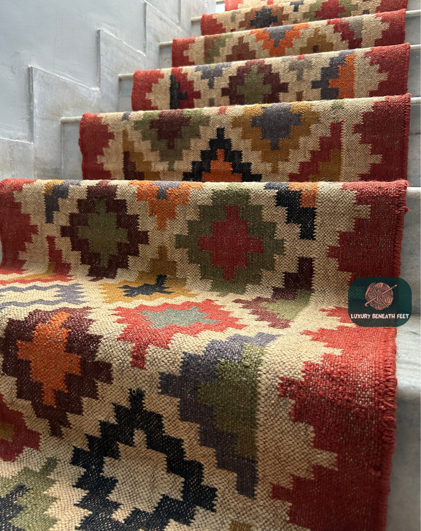 Kelim Treppenläufer | Vintage Aztekenmotiv Stil | Handgemachtes Türkisches Treppendekor | Geometrischer traditioneller Flur, Eingangsbereich Läufer
