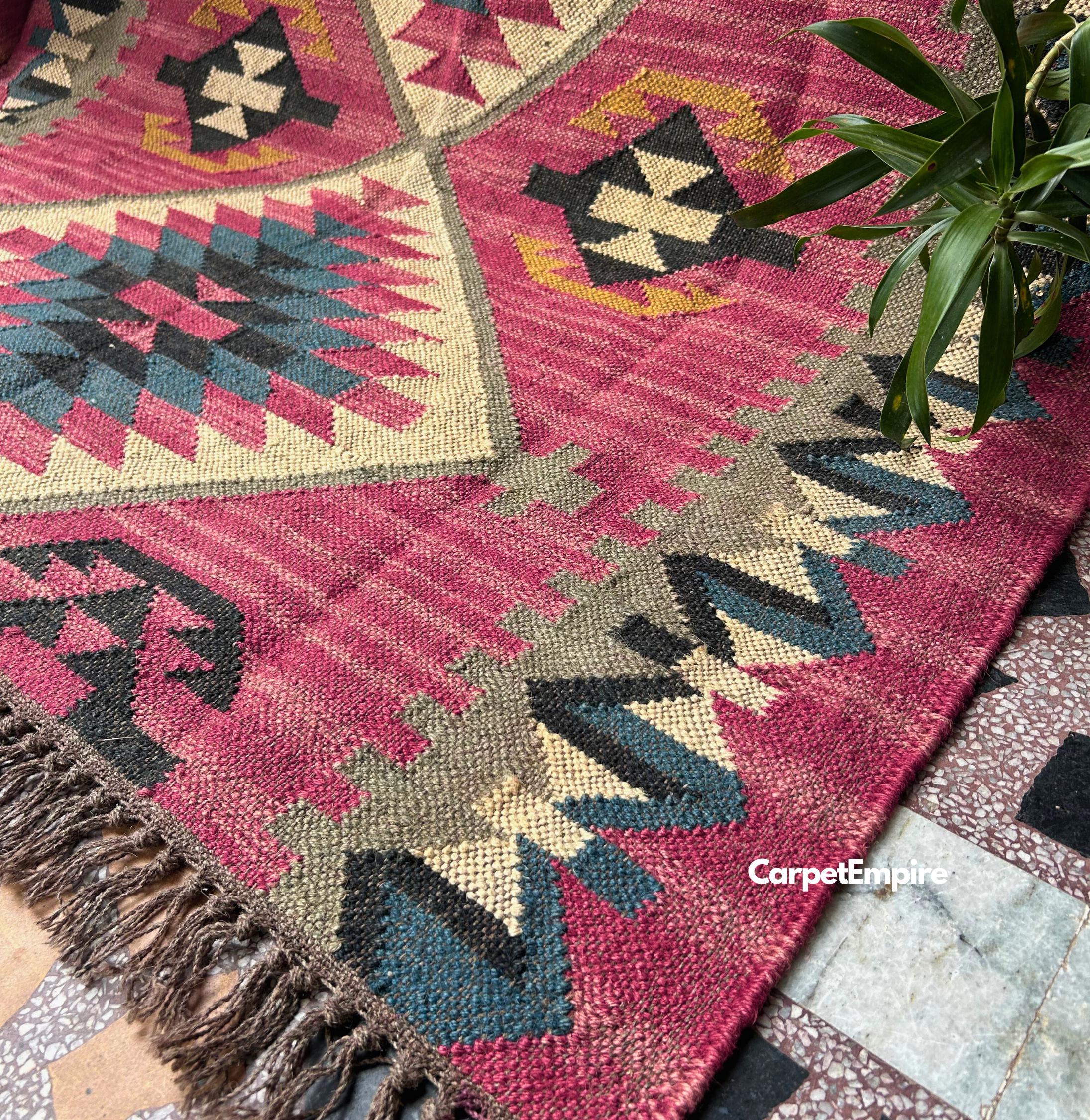 Kilim Peruvian Rug - Handmade Wool Jute Flatweave Dhurrie - Southwestern Aztec Motif, Custom Sizes Jaipur Area Rug, 9x12 Boho Chic Area Rug