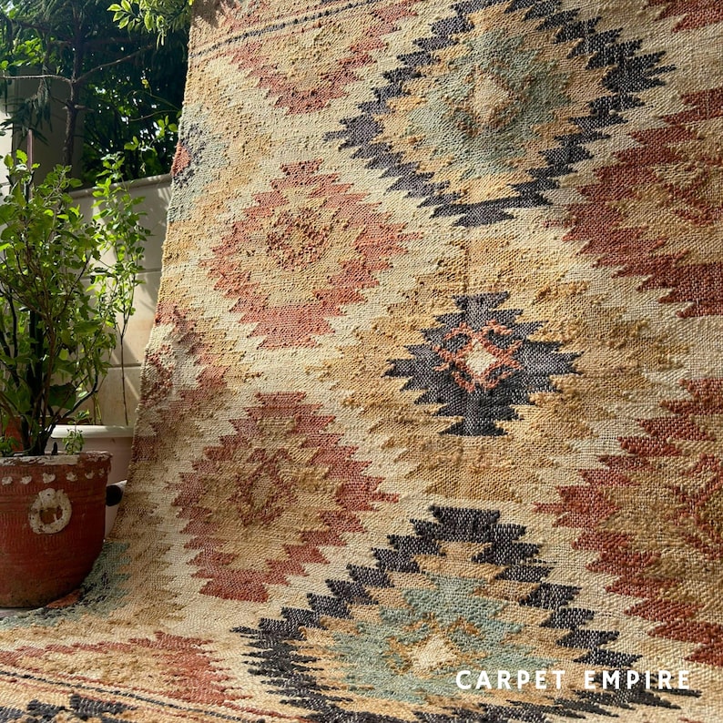 Faded Aztec Rug Jute Kilim Rug, Southwestern Diamond Medallion, Distressed Handwoven ...