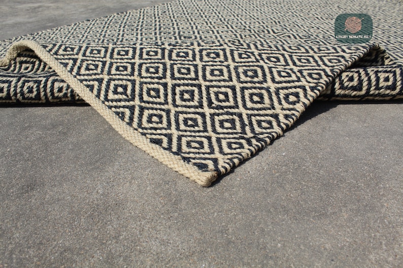 Indian Hand Braided Natural Jute Rectangle Rug Handmade Bohemian Jute Rug Boho Decor Rug Jute Area Rug Custom Size Rug Living Room Decor Rug , Diamond Jute rug