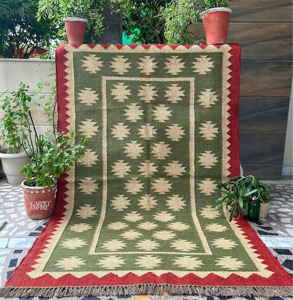 Green Kilim Rug: Vintage Navajo Wool Jute Rug, Handmade Southwestern Decor, Living Room / Bedroom