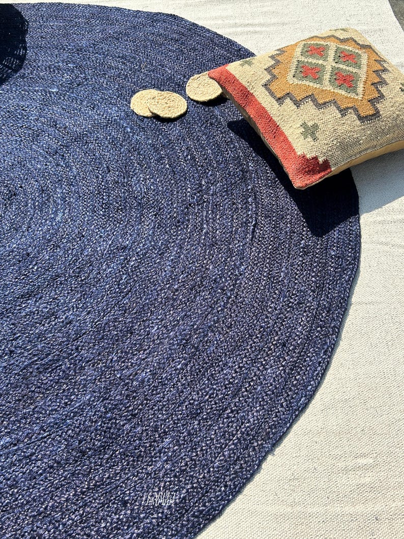 Blue Round Rug Navy Blue Jute Circle Rug Blue Round Area Rug Boho