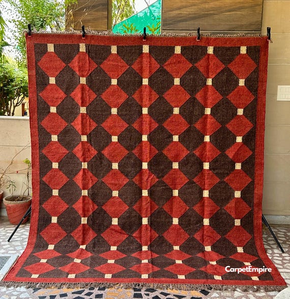 Red Kilim Rug, Handwoven Geometric Wool & Jute Rug, Handmade Kilim Dhurrie Rug, Traditional Indian Jute Area rug, Flatweave Custom Size Rug