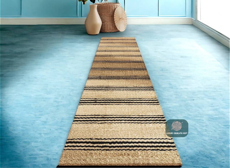 Natural Jute Runner Rug - Bohemian Jute Rug, Jute Runner Rug, Natural Fiber Runner Rug, Jute Braided Rug, Boho Decor Rug, Custom Size Rug , Striped Jute runner