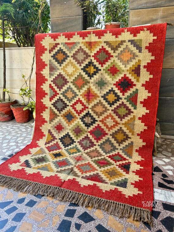Red Southwestern Rug: Handmade Flatweave Vintage Moroccan Kilim, Custom Size Area Rug Runner