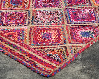 Dywan Boho Chic Hippie - ręcznie pleciony wielokolorowy dywanik z juty i bawełny Chindi - kolorowy dywanik z tkaniny hippie decor - dywanik Boho o niestandardowym rozmiarze okrągły/kwadratowy