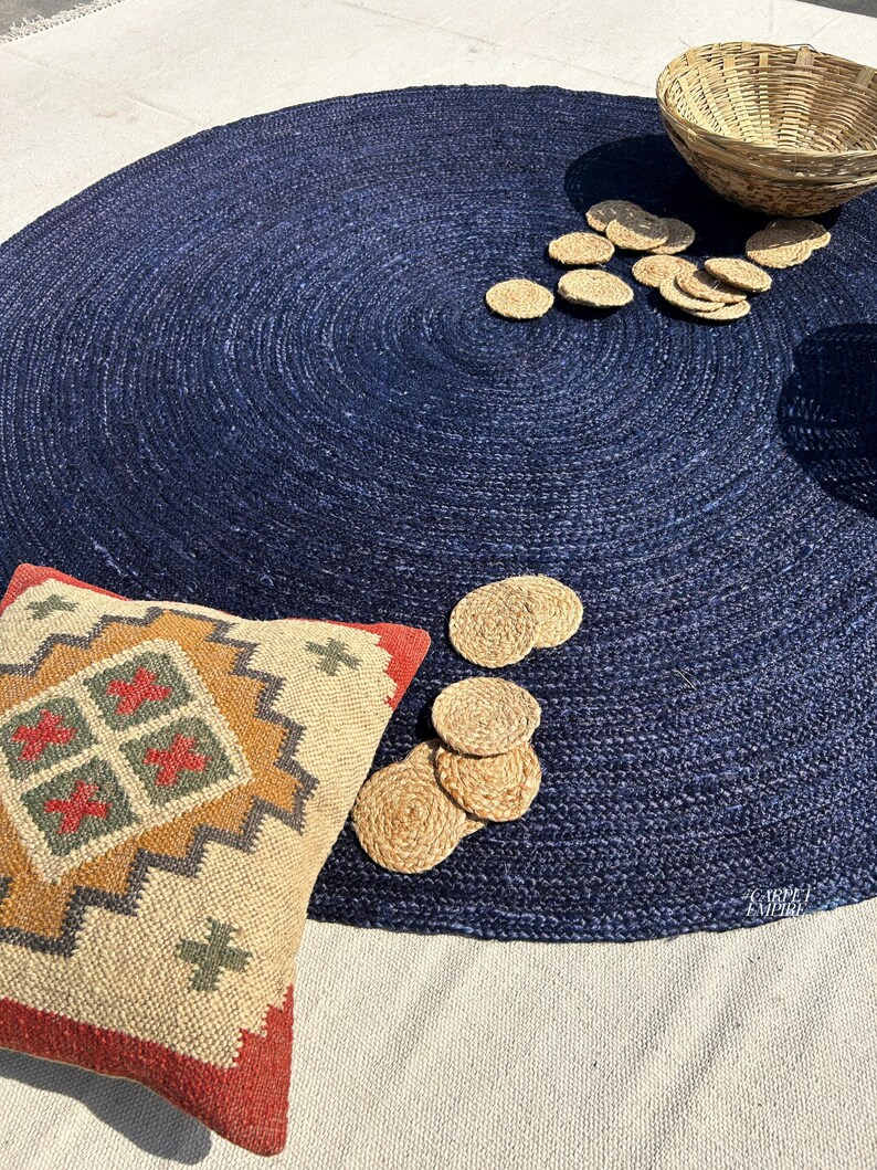 Blue Round Rug Navy Blue Jute Circle Rug Blue Round Area Rug Boho