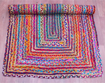 Ręcznie tkany dywan boho chindi, dywan wielokolorowy, dywan z juty chindi do salonu, sypialni, kolorowy dywan, boho, dywan hippie chic