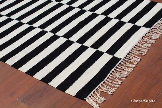 Minimalist Wool Rug: Handwoven Striped Soft Rug - Black/White Monochrome - Modern Contemporary Carpet Runner