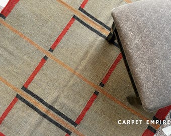 Moderner Grauer Teppich: Wolle Jute Flachgewebe • Mondrian Gitter Minimalistisch • Neutral Wohnzimmer Schlafzimmer Handgewebt