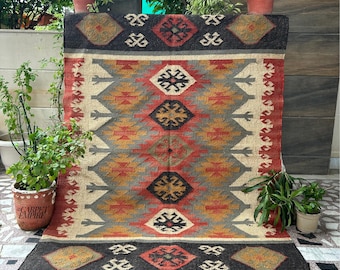 Peruvian Kilim Rug: Handwoven Wool Jute Flatweave, Vintage Southwestern Area Rug, Boho Living Room