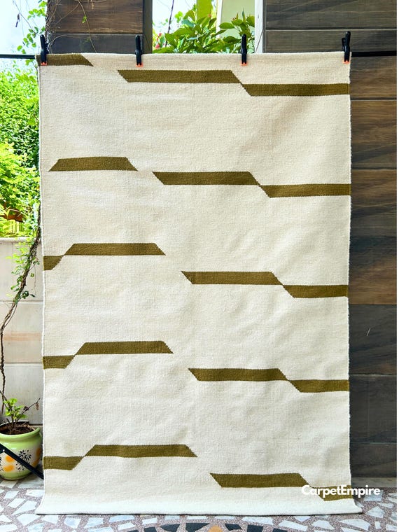 Scandinavian Rug, Handmade Wool Rug - Abstract Modern Wool Rug - Minimalistic Home Decor - Flatweave White Rug, Art Deco Rug, Neutral Rug