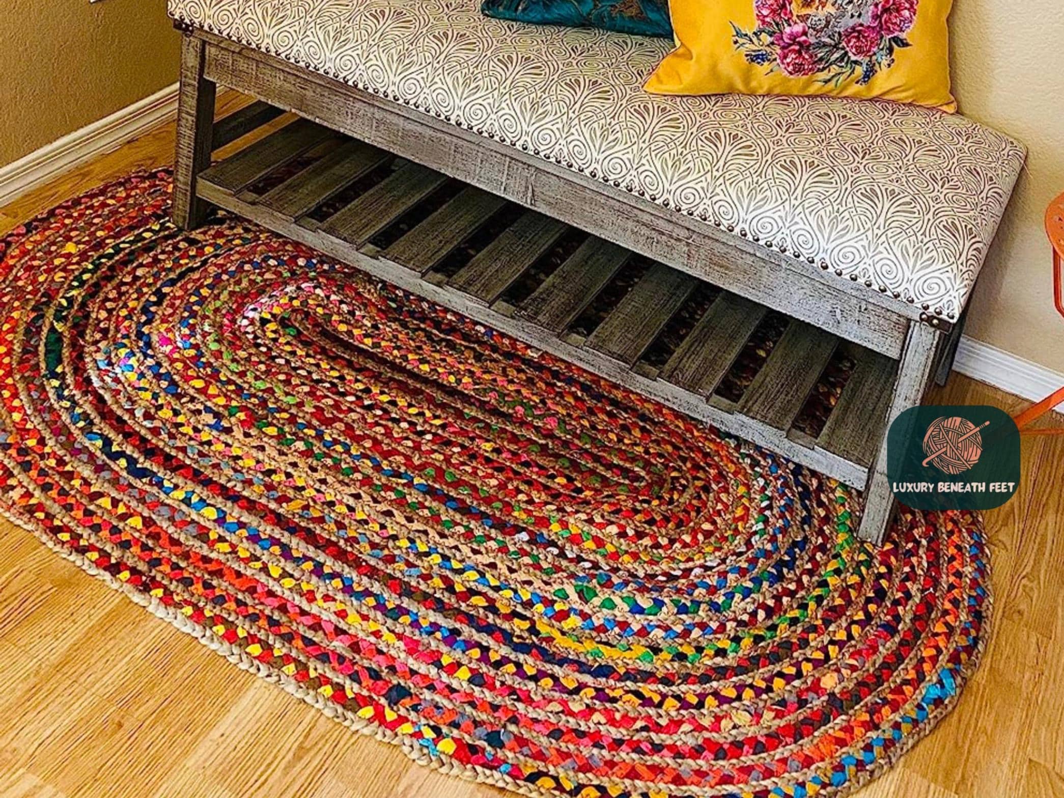 Handwoven Oval Rug | Colorful , Pet-Friendly , Natural Fiber, Eco-Friendly | Summer Cotton & Jute Oval Rug | Braided Oval Rag Rug Doormat