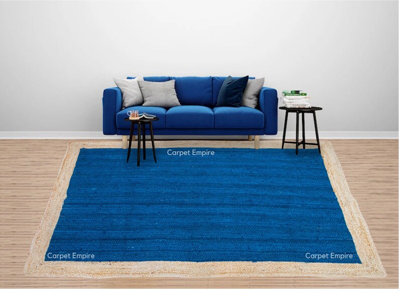 Hand Woven Navy Blue Jute Area Rug With Natural Border , Braided Jute