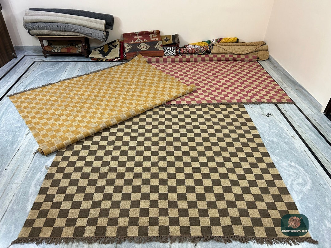 Checker Area Rug Checkered Wool Jute Rug: Handmade Checkerboard Flatweave, Brown Pink ...