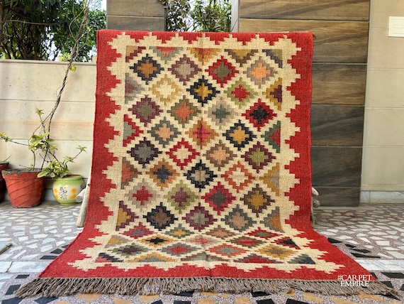Red Southwestern Rug: Handmade Flatweave Vintage Moroccan Kilim, Custom Size Area Rug Runner