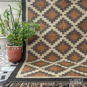 Wool Jute Kilim Rug: Handmade Vintage Geometric Flatweave Dhurrie, Southwestern Moroccan Navajo Area Rug