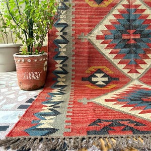 Red Peruvian Rug – Handmade Vintage Runner with Navajo & Moroccan Motifs - Southwestern Fusion , Traditional Kilim