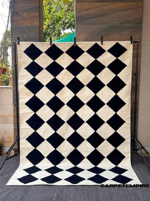 Modern Wool Rug: Handwoven Geometric Check Design - Custom Size Living Room Area Rug - Flatweave