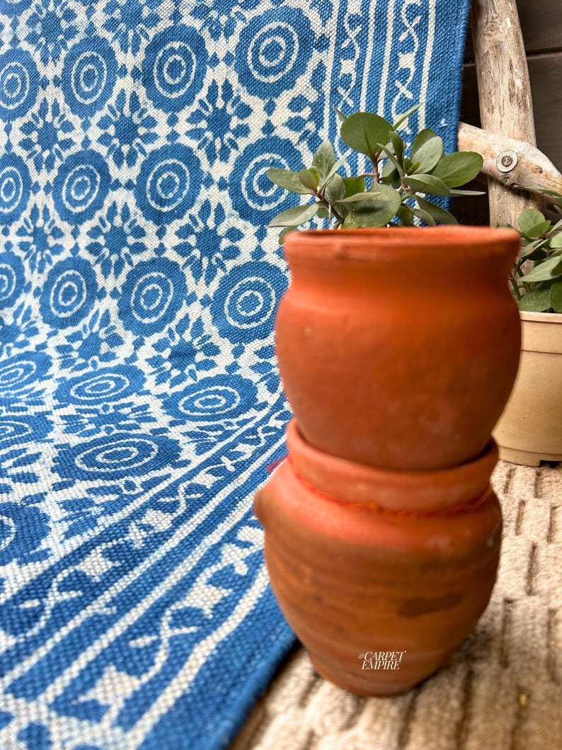 Indigo Indian Dhurrie Hand Block Printed Blue Rug Cotton Aztec Area Rug