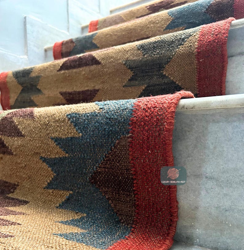Vintage Stair Runner Kilim Aztec Motif Style Handmade Turkish Stair