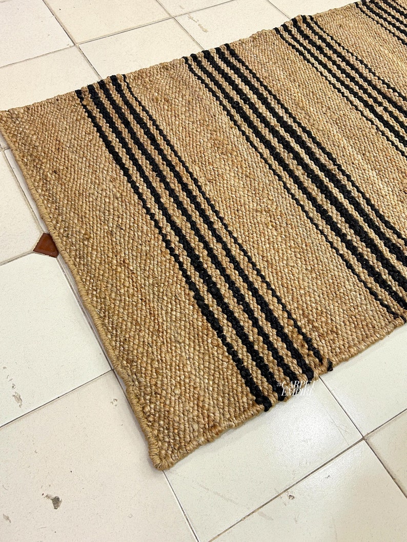 Striped Jute Runner Rug , Natural Stair Runner , Hallway Kitchen Runner , Sisal Jute Rug , Long Narrow Hallway Runner ,Modern Stair Decor Rug