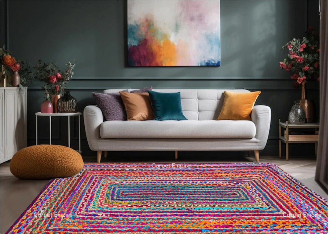 Handwoven Bohemian Chindi Rug, Multicolor Rug , Chindi Jute Area Rug ...