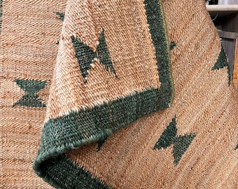 Farmhouse Jute Rug: Natural & Handmade • Green Kilim Motifs • High Traffic Area Carpet • Mid-Century Modern