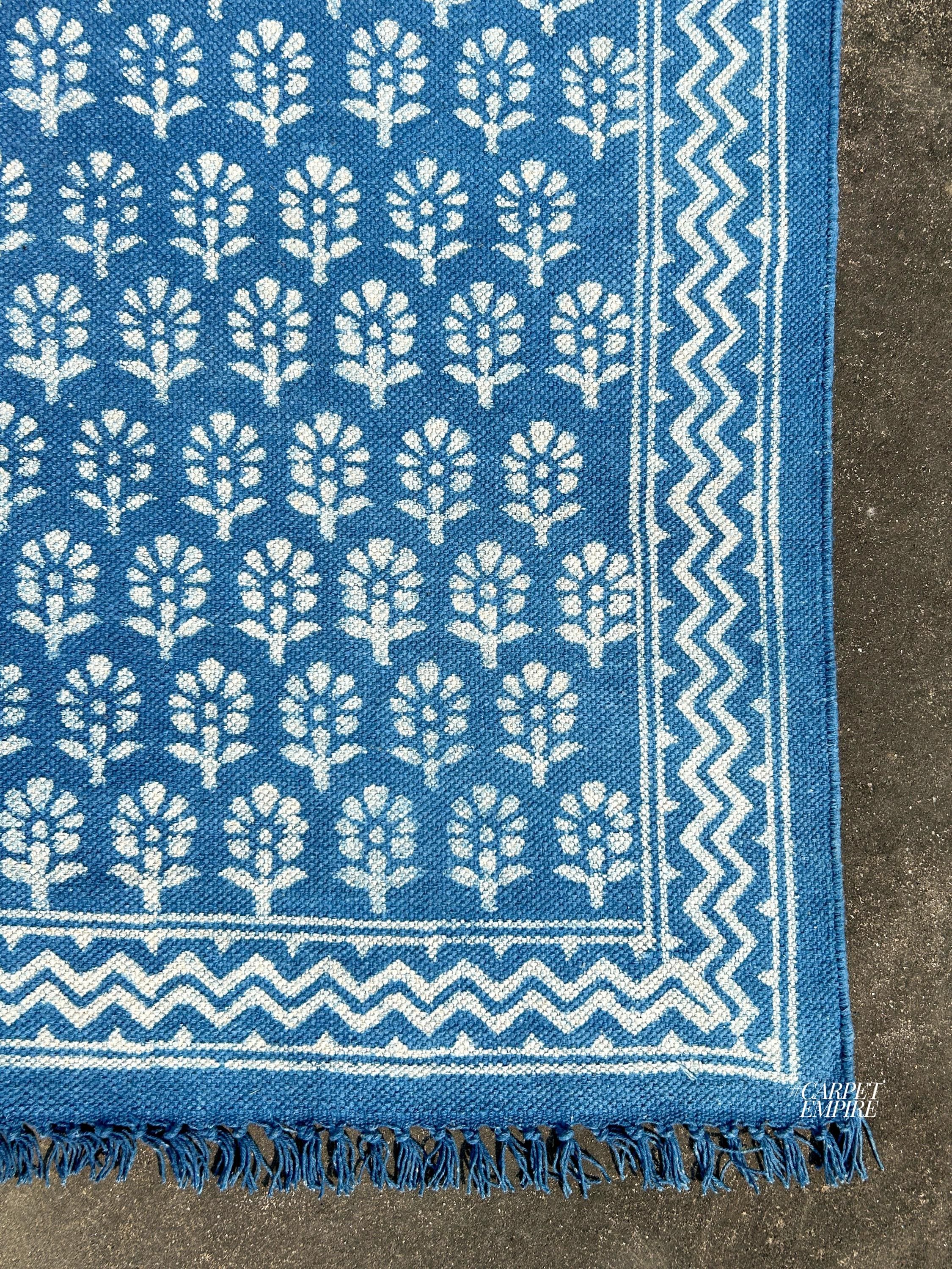 Indigo Floral Rug, Hand Block Printed Cotton Area Rug, Bohemian Blue Living Room, Washable Blue Floral Kilim,Square Vintage Bedroom Area Rug