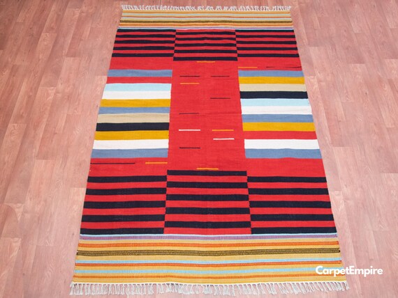 Boho Red Wool Rug, Handmade Abstract Wool Rug, Scandinavian Modern Boho Rug, Red Flatweave Wool rug, Art Deco Area Rug, Red Living Room Rug