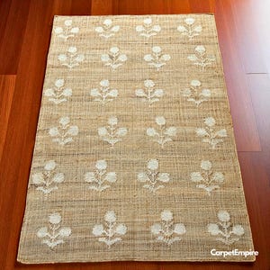 Neutral Jute Rug, Rustic Floral Jute Cotton Rug, Handwoven Vintage ...