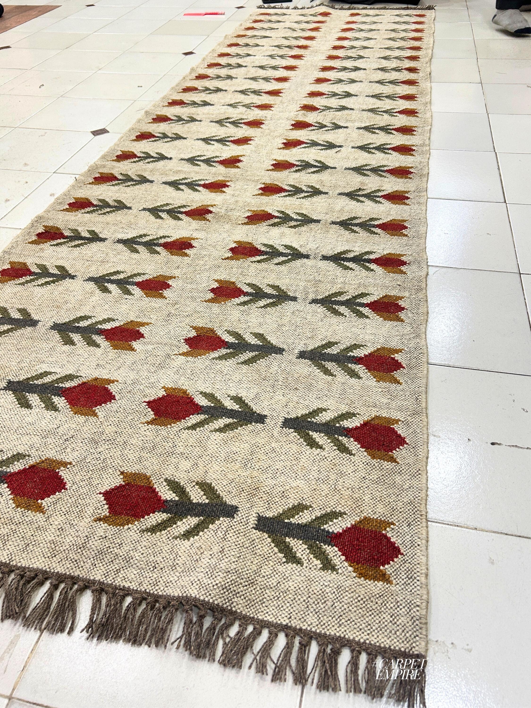 Floral Kilim Runner for Hallway/Stairway | Autumn Minimalist pattern Runner | Handmade Hallway Geometric Runner | Summer Jute Wool Runner