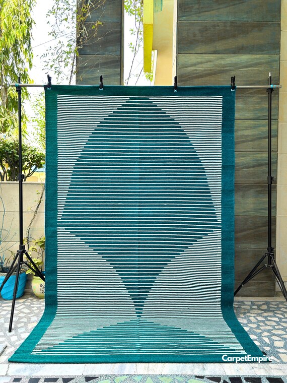 Turquoise Blue Rug, Handwoven Scandinavian Wool Rug, Handmade Blue Kilim Rug, Modern Boho Area Rug, Flatweave Wool Woven Custom Size Rug