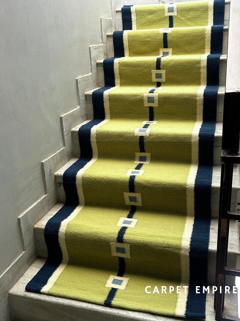 Boho Green Runner: Lime Hallway-stairway Runner • Wool Chartreuse Navy ...