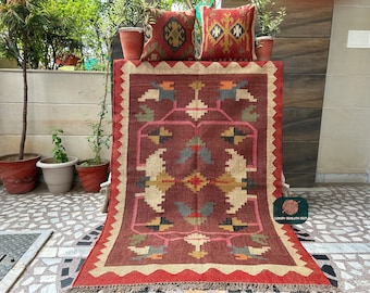 Red Kilim Navajo Rug, Vintage & Southwestern Home Decor, Handmade Flatweave Dhurrie Rug, Oriental, Traditional India Rug, Jute Kilim, Jaipur
