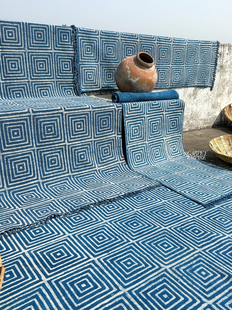 Modern Indigo Blue Rug Hand Block Printed Blue Rug Cotton Area Rug Blue