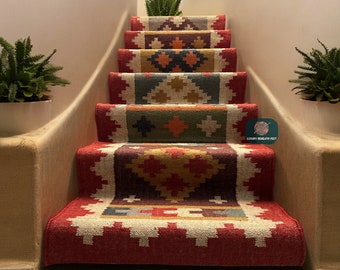 Southwestern Kilim Handgefertigter Treppenläufer | Vintage Azteken nordischer Stil | Marokkanische Treppen Deko | Geometrischer mehrfarbiger Flurläufer