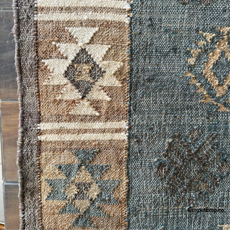 Neutral Blue Rug, Rustic Hemp Jute Rug, Handwoven Vintage Southwestern ...
