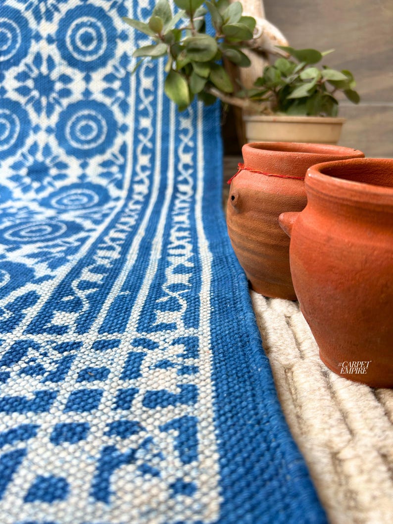Indigo Indian Dhurrie Hand Block Printed Blue Rug Cotton Aztec Area Rug