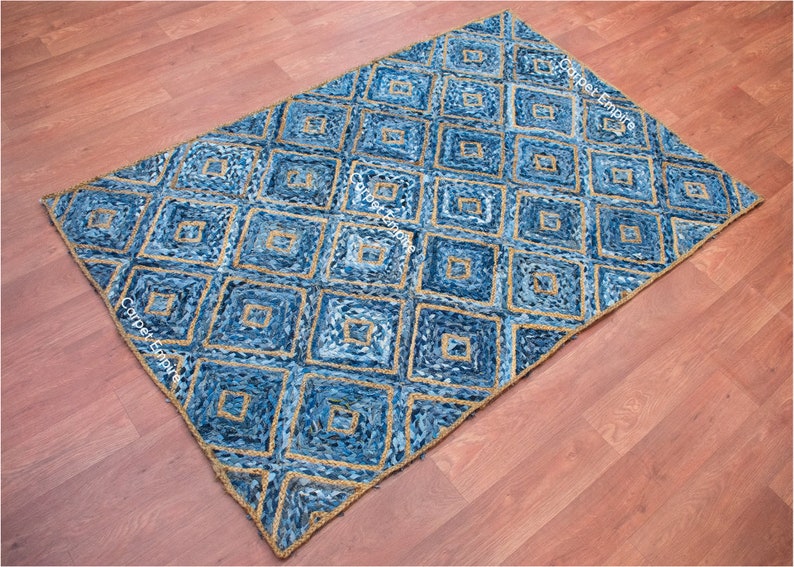 Blue Denim Jute Cotton Rug, Diamond Rug With Bohemian Charm in