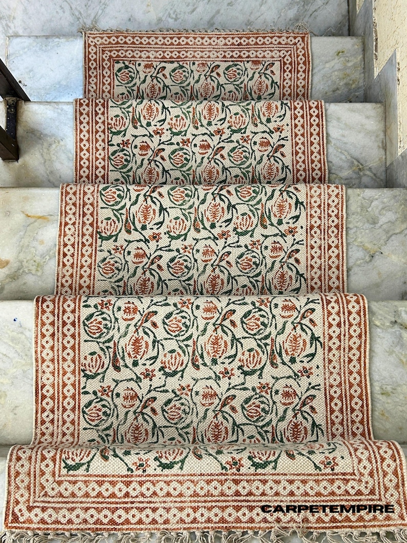 Jali Pattern Rug Floral Cotton Runner : Hand Block Printed • Boho Moroccan Kilim • Red ...