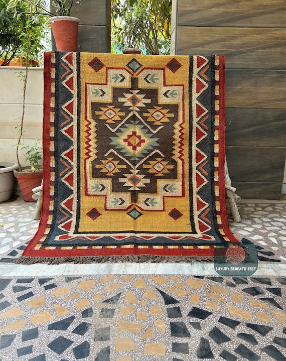 Southwestern Rug: Handmade Kilim Moroccan Wool Jute Area Rug - Mustard Vintage Flatweave Indian Dhurrie