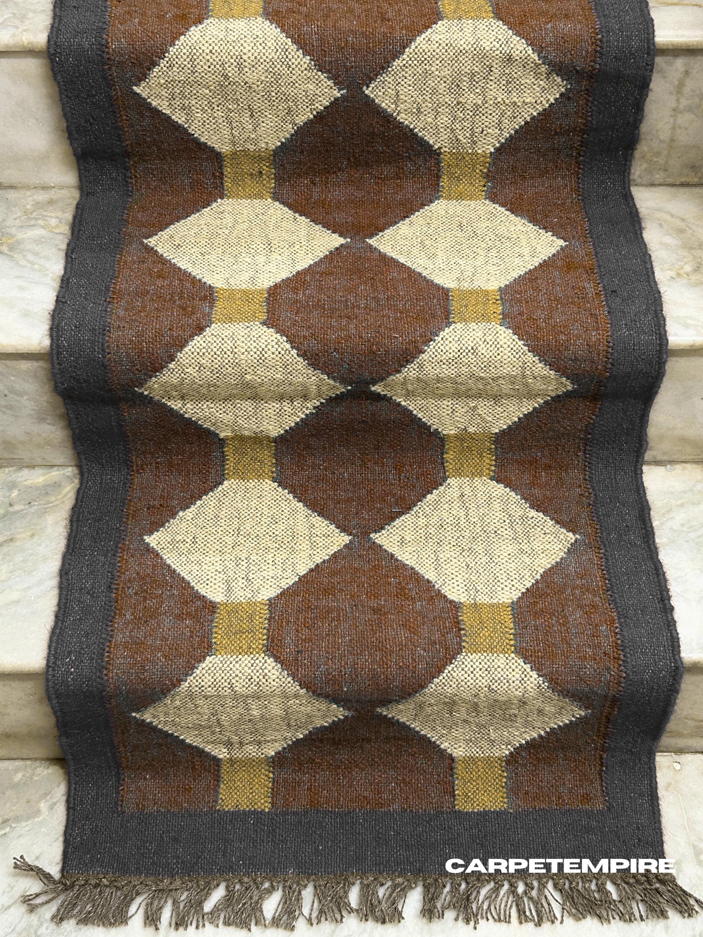Earthy Fun Runner Rug Rustic Brown Runner: Handwoven Wool Jute Kilim Runner, Geometric Earthy ...